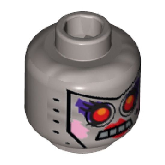 Minifigure, Head Alien Female with Red Eyes, Crude Dark Purple, Bright Pink, and Red Makeup and Beauty Mark Pattern - Hollow Stud