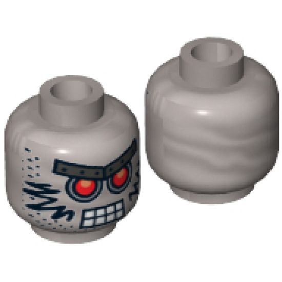 Minifigure, Head Alien with Red Eyes, Metal Eyebrows with Rivets, 8 Mouth Squares, Stubble and Black Markings Pattern - Hollow Stud