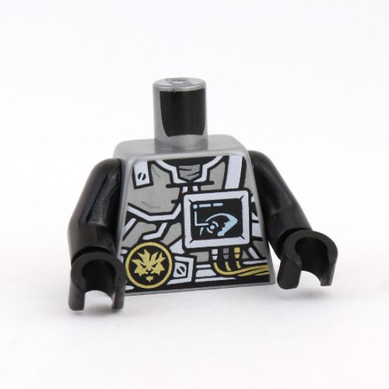 Torso Ninjago Armor with Silver Armor Plates, Golden Dragon Emblem, Screen and Circuits Pattern / Black Arms / Black Hands