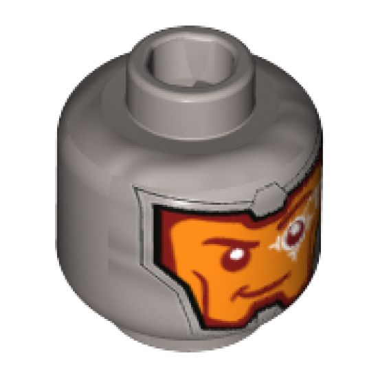 Minifigure, Head Balaclava, Orange Face, Dark Red Eyebrows, White Head-Up Display (HUD) On Left Eye Pattern - Hollow Stud
