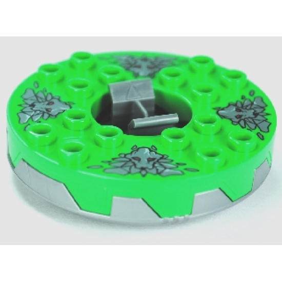 Turntable 6 x 6 Round Base Serrated with Bright Green Top and Dark Bluish Gray Stone Heads Pattern (Ninjago Spinner)