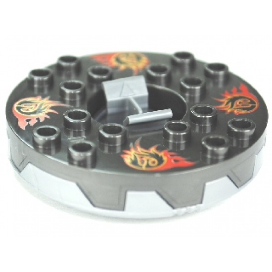 Turntable 6 x 6 Round Base Serrated with Pearl Dark Gray Top and Gold, Red and Black Pattern (Ninjago Spinner)