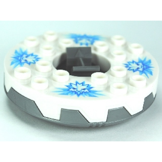 Turntable 6 x 6 Round Base Serrated with White Top and White Heads on Medium Blue Ice Shards Pattern (Ninjago Spinner)