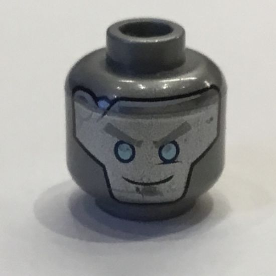 Minifigure, Head Alien with Robot Silver with Blue Eyes, Gray Eyebrows and Crack, Circles on Back Pattern - Hollow Stud