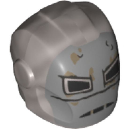 Minifigure, Headgear Helmet Armor Plates and Ear Protectors with Silver Face, Dark Tan Rust Spots, Black Eye and Mouth Holes Pattern
