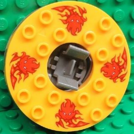 Turntable 6 x 6 Round Base Serrated with Bright Light Orange Top and Red Flames and Lion Heads Pattern (Ninjago Spinner)