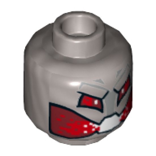 Minifigure, Head Alien with Robot Red Eyes and Mouth with Silver Panel and Black Rivet on Reverse Pattern - Hollow Stud