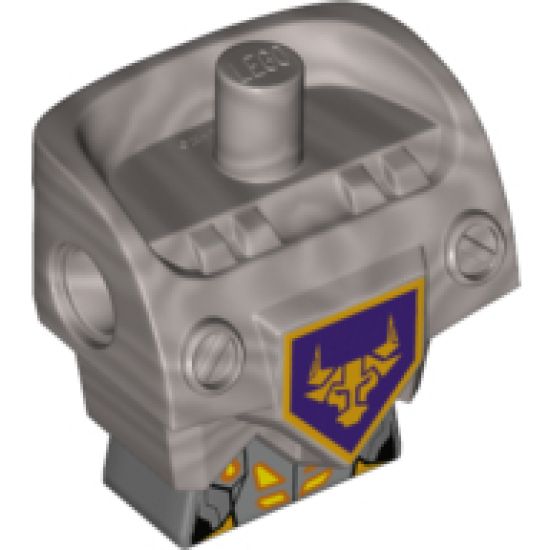 Torso, Modified Oversized with Armor with Pin Holes with Orange and Gold Circuitry #1 and Orange Bull Head on Dark Purple Pentagonal Shield Pattern