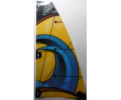 Plastic Sail with Blue Waves on Yellow Background, Red Stripes and Gray Technic Gears Pattern