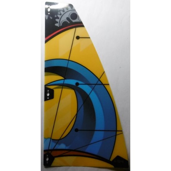 Plastic Sail with Blue Waves on Yellow Background, Red Stripes and Gray Technic Gears Pattern