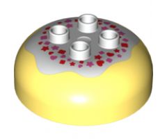 Duplo, Brick Round 4 x 4 Dome Top with 2 x 2 Studs and Marbled White with Red and Pink Hearts and Stars Pattern