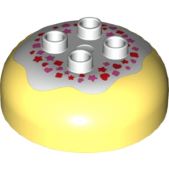 Duplo, Brick Round 4 x 4 Dome Top with 2 x 2 Studs and Marbled White with Red and Pink Hearts and Stars Pattern