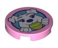 Tile, Round 2 x 2 with Bottom Stud Holder with Puppy Dog Holding Ball in Mouth Pattern