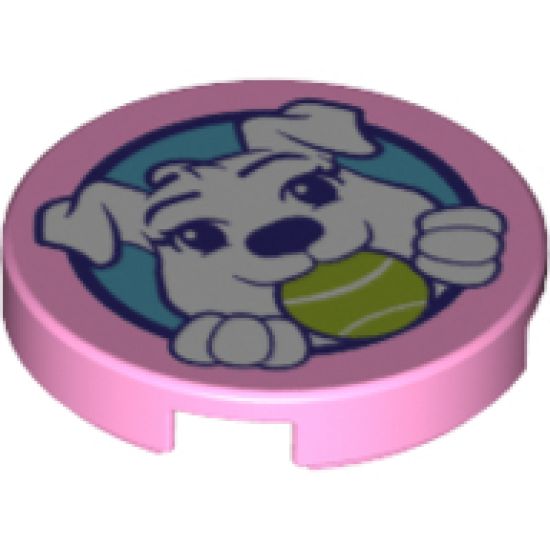 Tile, Round 2 x 2 with Bottom Stud Holder with Puppy Dog Holding Ball in Mouth Pattern