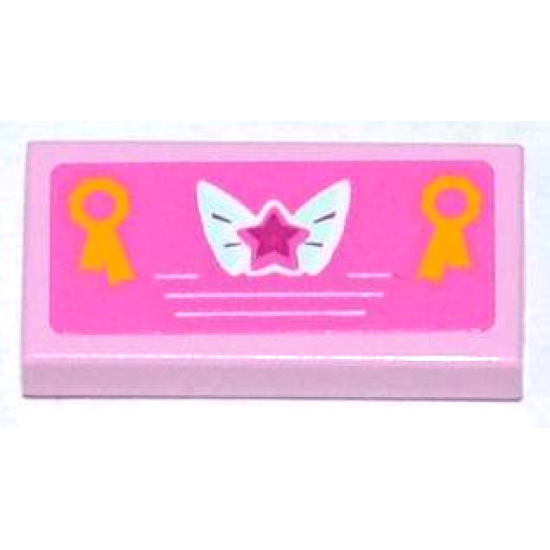 Tile 1 x 2 with Magenta Star on Butterfly Wings and 2 Yellow Award Ribbons Pattern (Sticker) - Set 3063