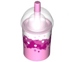 Minifigure, Utensil Cup, Dome Lid Cup and Straw with Trans-Clear Lid and White, Dark Pink and Magenta Soda / Bubble Tea Cup Pattern