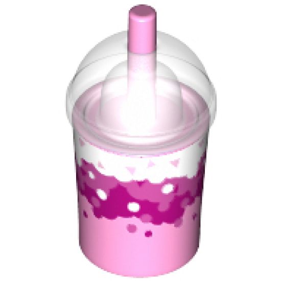 Minifigure, Utensil Cup, Dome Lid Cup and Straw with Trans-Clear Lid and White, Dark Pink and Magenta Soda / Bubble Tea Cup Pattern