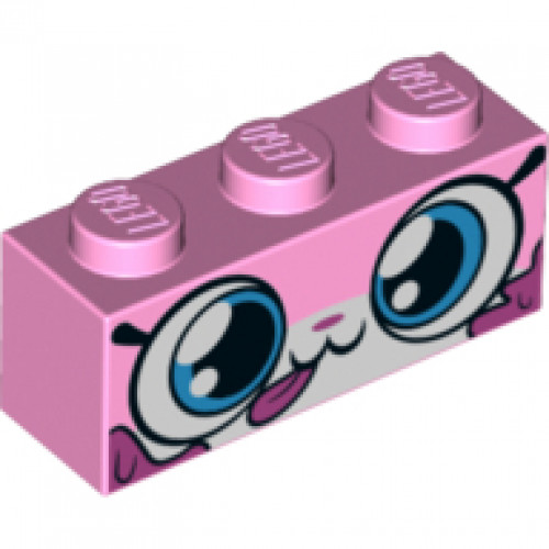 Brick 1 x 3 with Cat Face Wide Eyes, Closed Mouth with Tongue Sticking Out, Dark Pink Splotches Pattern (Dessert Unikitty)