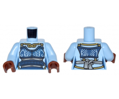 Torso Ninjago Female Outline Dark Blue Apron with Light Bluish Gray Sash, Gold Necklace Pattern / Bright Light Blue Arms / Reddish Brown Hands