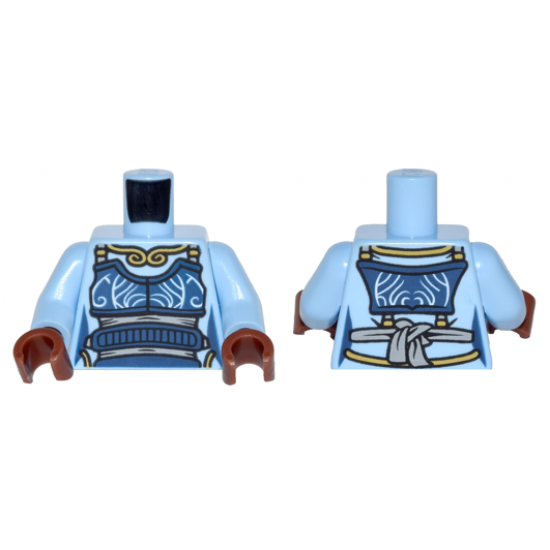 Torso Ninjago Female Outline Dark Blue Apron with Light Bluish Gray Sash, Gold Necklace Pattern / Bright Light Blue Arms / Reddish Brown Hands