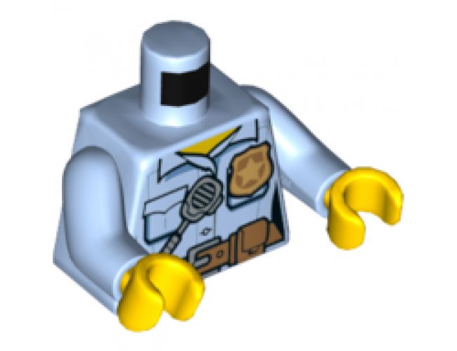 Torso Police Female Shirt with Gold Badge, Dark Tan Belt with Pocket and 'POLICE' and Radio on Back Pattern / Bright Light Blue Arms / Yellow Hands