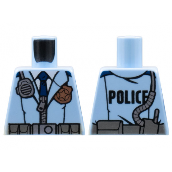 Torso Police Male Jacket with Zipper, Dark Blue Tie, Gold Badge, Radio and 'POLICE' Pattern on Back