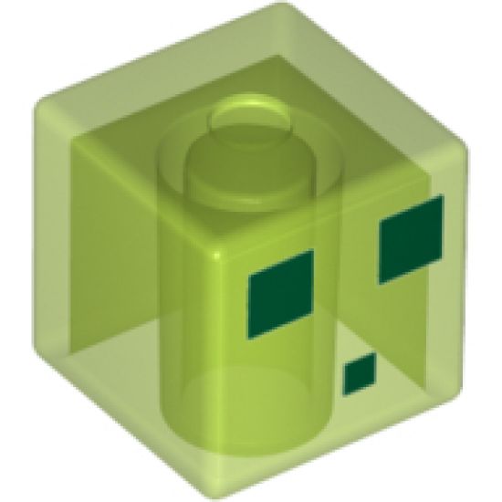 Minifigure, Head, Modified Cube with 3 Dark Green Squares Pattern (Minecraft Slime)