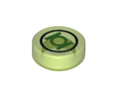 Tile, Round 1 x 1 with Black Circle and Bright Green Lantern Logo Pattern
