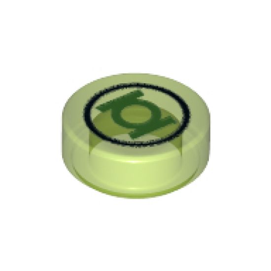 Tile, Round 1 x 1 with Black Circle and Bright Green Lantern Logo Pattern