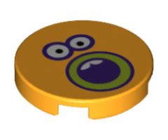 Tile, Round 2 x 2 with Bottom Stud Holder with Sunflower Face, Dark Purple and Lime Outlined Open Mouth and Eyes Pattern