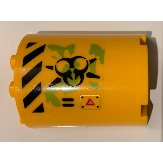 Cylinder Half 2 x 4 x 4 with Caution Triangle, Danger Stripes, Black Biohazard Symbol, Ooze and Vents Pattern Model Left Side (Sticker) - Set 70163