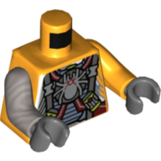 Torso Armor with Straps and Spiders on Front and Back Pattern / Bright Light Orange Arm Left / Flat Silver Arm Right / Dark Bluish Gray Hands