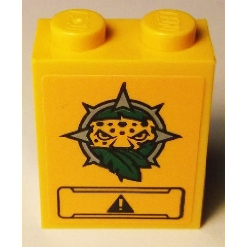 Brick 1 x 2 x 2 with Inside Stud Holder with Leopard Head, Leaves and Black Panel with Exclamation Mark Pattern (Sticker) - Set 60158