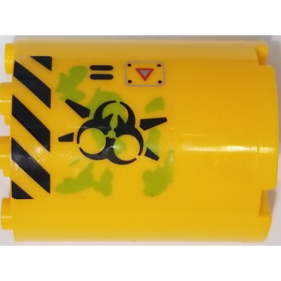 Cylinder Half 2 x 4 x 4 with Caution Triangle, Danger Stripes, Black Biohazard Symbol, Ooze and Vents Pattern Model Right Side (Sticker) - Set 70163