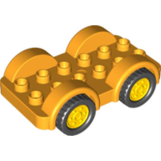Duplo, Vehicle Car Base 2 x 6 with Four Black Tires and Yellow Wheels on Fixed Axles