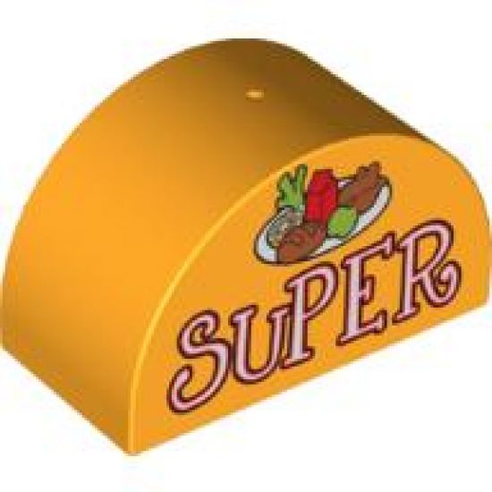 Duplo, Brick 2 x 4 x 2 Curved Top with 'SUPER' and Food on Dish Pattern