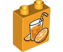 Duplo, Brick 1 x 2 x 2 with Oranges and Glass of Orange Juice with Straw and Bubbles Pattern