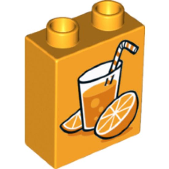 Duplo, Brick 1 x 2 x 2 with Oranges and Glass of Orange Juice with Straw and Bubbles Pattern