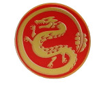 Tile, Round 2 x 2 with Bottom Stud Holder with Gold Dragon on Red Background Pattern