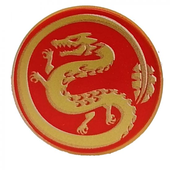 Tile, Round 2 x 2 with Bottom Stud Holder with Gold Dragon on Red Background Pattern