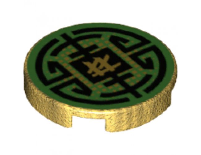 Tile, Round 2 x 2 with Bottom Stud Holder with Black Circular Lines on Green Background Pattern