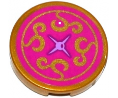 Tile, Round 2 x 2 with Bottom Stud Holder with Magenta Cushion with Medium Lavender Button and Gold Swirls Pattern (Sticker) - Set 41061