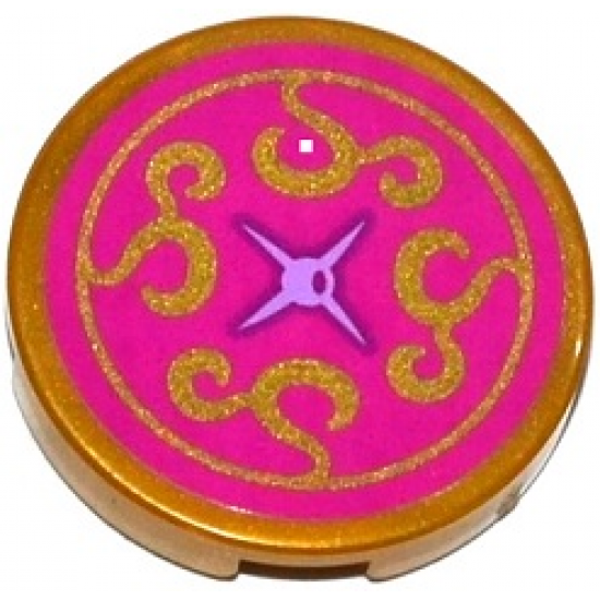 Tile, Round 2 x 2 with Bottom Stud Holder with Magenta Cushion with Medium Lavender Button and Gold Swirls Pattern (Sticker) - Set 41061