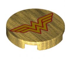 Tile, Round 2 x 2 with Bottom Stud Holder with Yellow Letter 'W' with Red Outline Wonder Woman Logo and Gold Dots Pattern