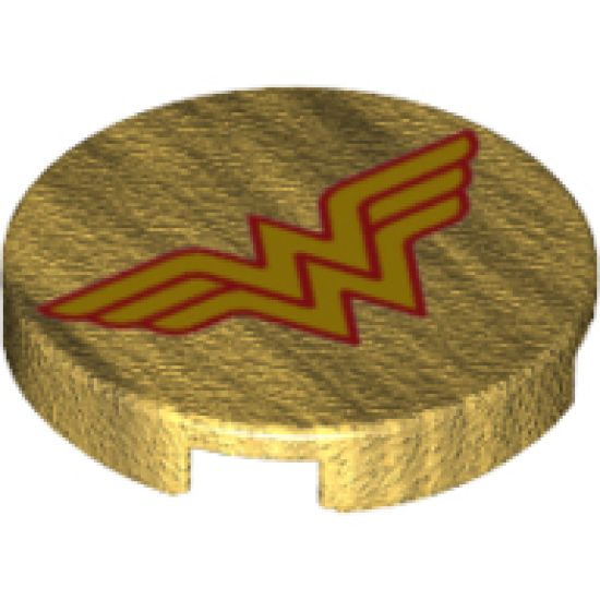 Tile, Round 2 x 2 with Bottom Stud Holder with Yellow Letter 'W' with Red Outline Wonder Woman Logo and Gold Dots Pattern