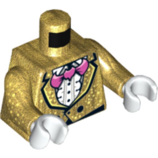 Torso Jacket with White Speckles over Ruffled Shirt, Pink Bat Bow Tie, Two Black Buttons Pattern / Pearl Gold Arms with Speckles Pattern / White Hands