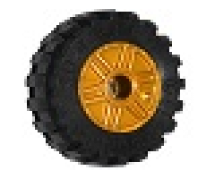 Wheel & Tire Assembly 18mm D. x 14mm with Pin Hole, Fake Bolts and Shallow Spokes with Black Tire 30.4 x 14 Offset Tread - Band Around Center of Tread (55981 / 92402)