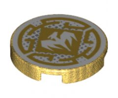 Tile, Round 2 x 2 with Bottom Stud Holder with White Dragon and Gold Decorative Lines Pattern