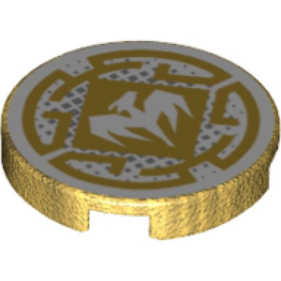 Tile, Round 2 x 2 with Bottom Stud Holder with White Dragon and Gold Decorative Lines Pattern
