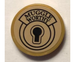 Tile, Round 2 x 2 with Bottom Stud Holder with Keyhole and 'MUGGLE WORTHY' Pattern (Sticker) - Set 75952